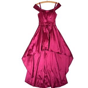 B. Darlin Vntg Magenta Shimmer High-Low Off-Shoulder Formal Gown Dress Fits XXS